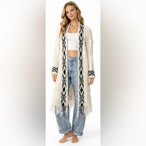 Oceanus Sweater Boho Fringe Duster Cardigan Cream Black Aztec Long Open Cozy S